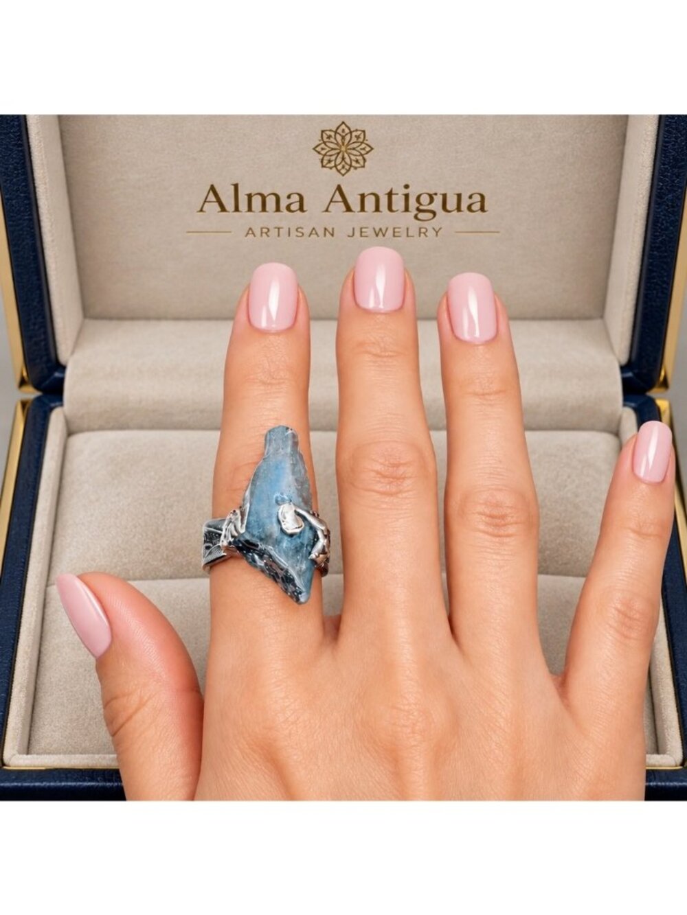 Blue Quartz Brutalist Vintage Spoon Ring, Size 9 | Alma Antigua